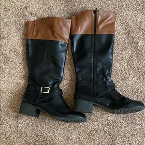 Brown and black high boots